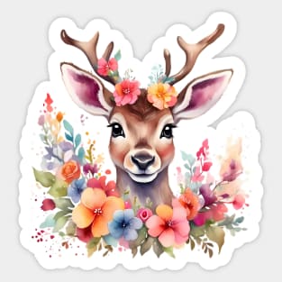 A deer decorated with beautiful watercolor flowers Sticker